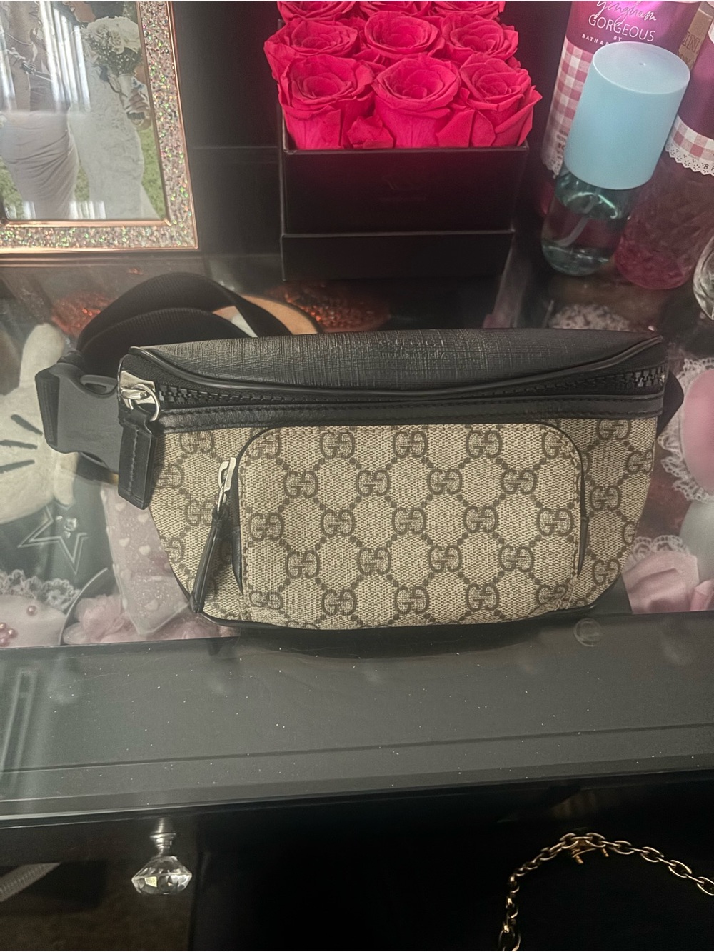Gucci Beige GG Canvas and Black Leather Belt Bag